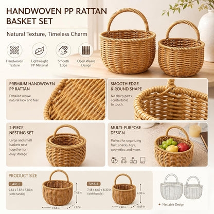 2 Pack Rattan Hanging Storage Baskets Wall Organizer for Kitchen Bathroom