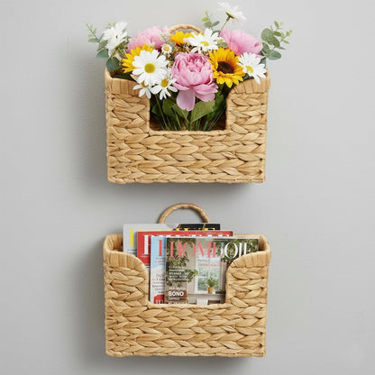 Water Hyacinth Hanging Basket with Handle, Wall Baskets Storage, Wall Mounted Organizer, Magazine holder magazine basket，Farmhouse Baskets for Flowers/Magazine/Fruit Storage