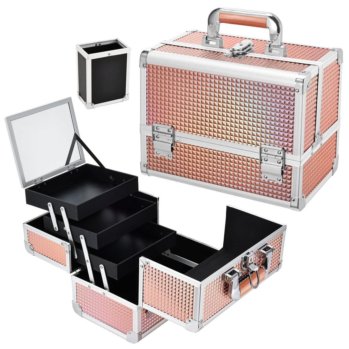 Joligrace 3-Tray Makeup Case with Mirror & Brush Holder, 11.6" Shine Black