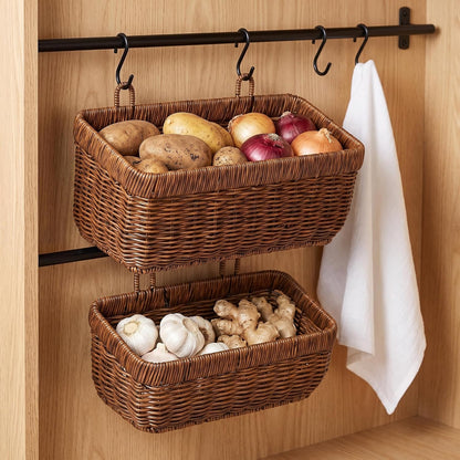 Wicker Wall Baskets Set of 2, Decorative Hanging Organizer for Kitchen, Living Room, Garage, Bathroom, Door Storage and Organizing