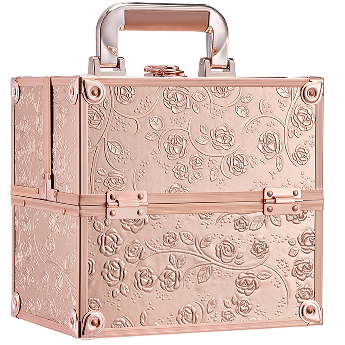 FRENESSA Makeup Train Case Makeup Organizer Box Portable Cosmetic Travel Case with Lock 4 Trays Aluminum Hard Vanity Box Make Up Artist Nail Beauty Storage Organizer Cosmetic Suitcase Bright Silver