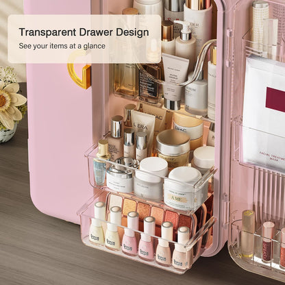 UAK Makeup Organizer with Drawers for Vanity, Cosmetic Display Case with Brush Holders, Storage for Skincare Countertop Bathroom (Pink)