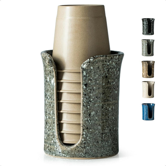 Ceramic Bathroom Cup Holder, 3 OZ Cup Dispenser for Bathroom, Gray