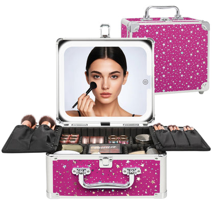 Relavel Makeup Bag with LED Mirror, Makeup Box Travel Train Case with Rechargeable Lighted Mirror & Adjustable Dividers, Cosmetic Brush Organizer Storage for Makeup Artists Gifts for Women and Girls