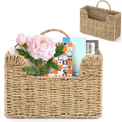 Handwoven Water Hyacinth Wall Magazine Holder - Natural Hanging Organizer for Mail, Newspapers & Magazines, Books & Files - Decorative Boho Storage Basket for Entryway, Bathroom, Living Room, Office.