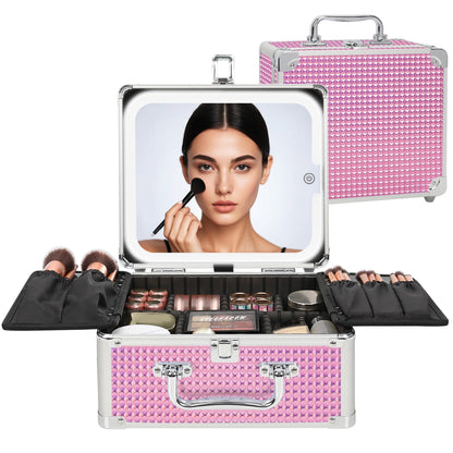 Relavel Makeup Bag with LED Mirror, Makeup Box Travel Train Case with Rechargeable Lighted Mirror & Adjustable Dividers, Cosmetic Brush Organizer Storage for Makeup Artists Gifts for Women and Girls
