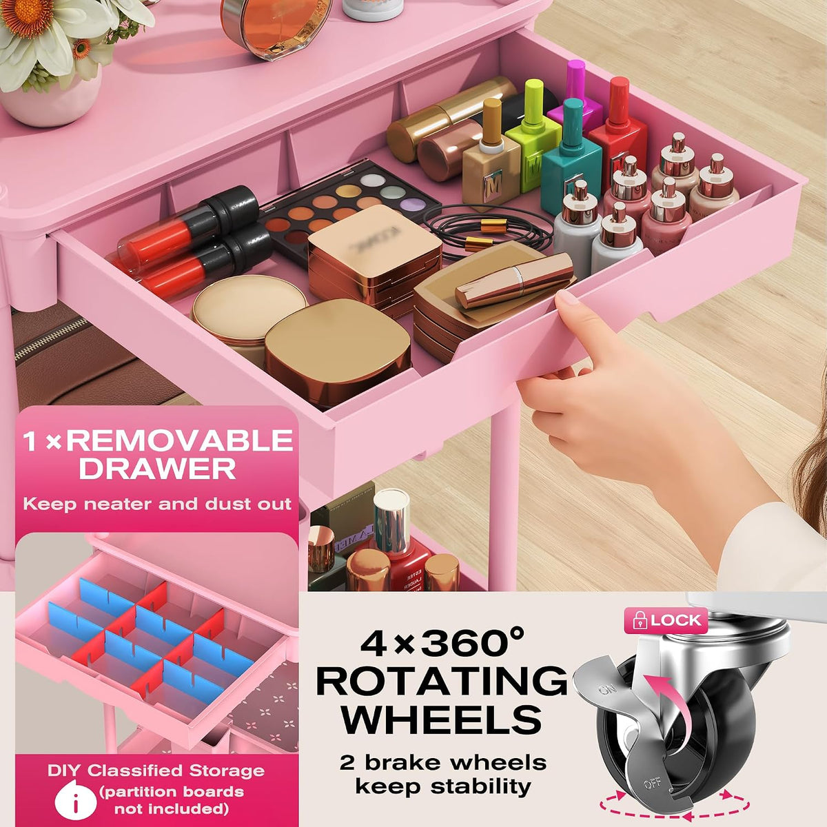 Goovilla Rolling Makeup Organizer Cart with Removable Drawer, 3 Tier Pink