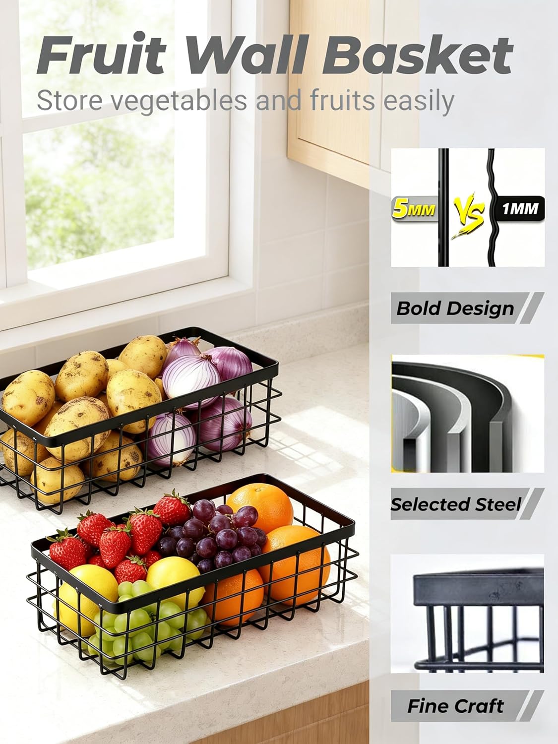 2 PCS Slim Hanging Wire Wall Basket for Bathroom, No Drill, Black