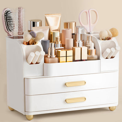 HBlife Makeup Organizer for Vanity with Brush Holder, Large Bathroom Countertop Cosmetic Organizer Skin Care Storage, Easy to Store Lipsticks, Nail Polishes, Perfumes, Eyeshadow Palettes, Beige
