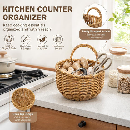 2 Pack Rattan Hanging Storage Baskets Wall Organizer for Kitchen Bathroom