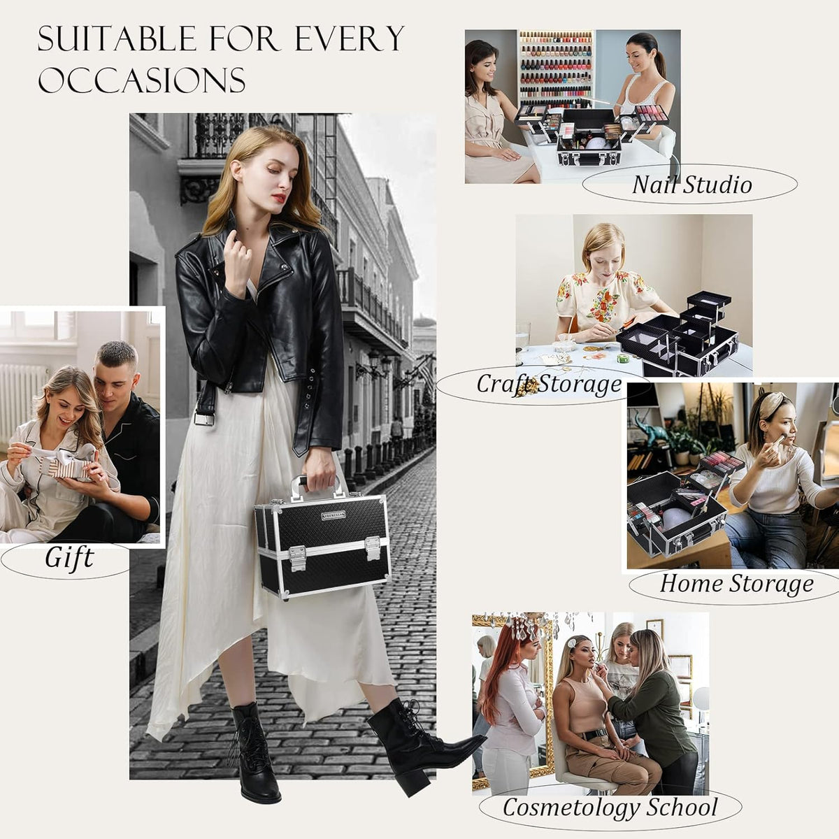 FRENESSA Makeup Train Case Makeup Case 11.8 Inch Large Cosmetic Box Organizer Travel Storage Professional Make Up Train Carrying Case with 6 Trays Locking Hard Vanity Storage Black