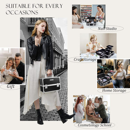FRENESSA Makeup Train Case Makeup Case 11.8 Inch Large Cosmetic Box Organizer Travel Storage Professional Make Up Train Carrying Case with 6 Trays Locking Hard Vanity Storage Black