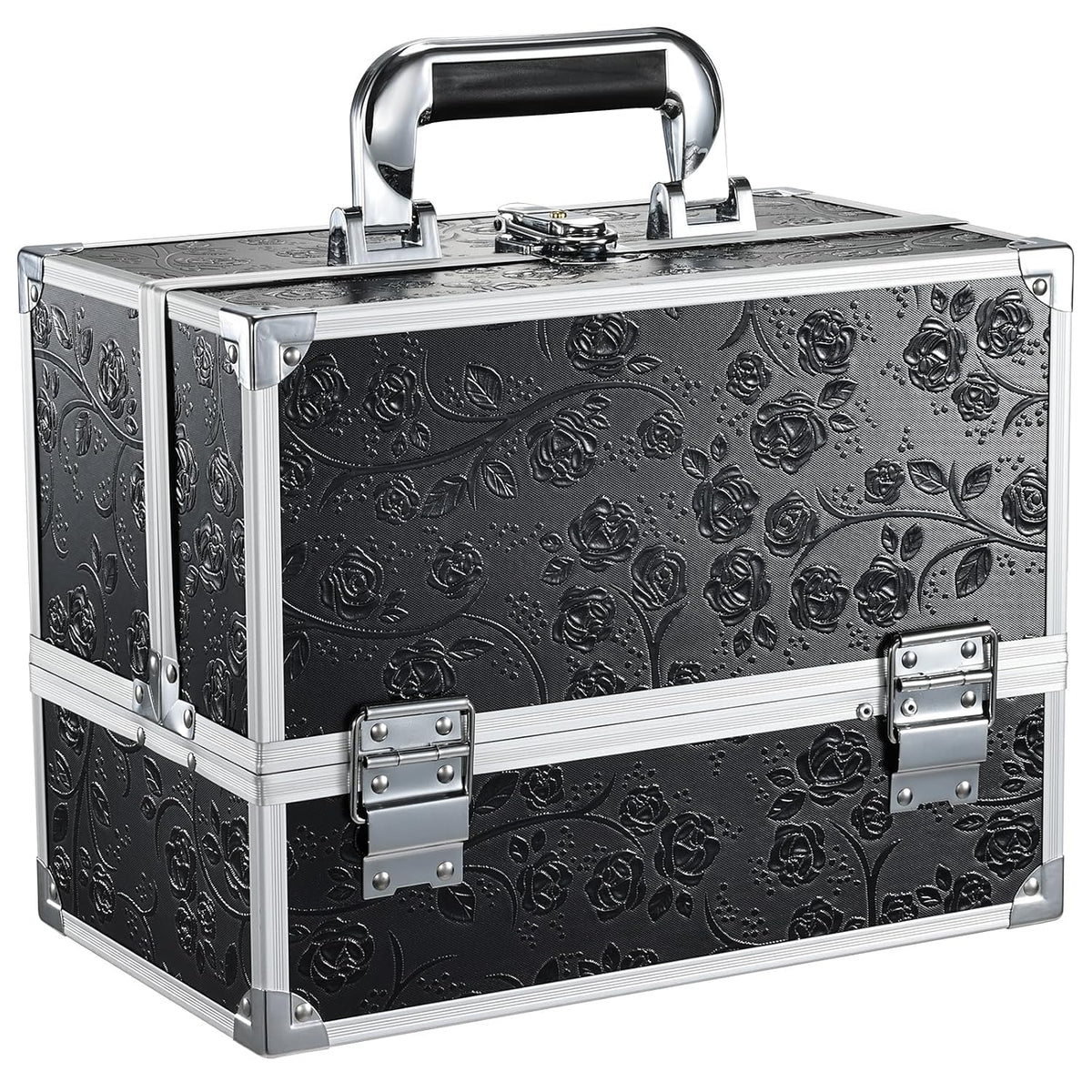 FRENESSA Makeup Train Case Makeup Box 11.8 Inch Large Makeup Case Organizer 3 Trays with Mirror Locking Cosmetic Storage Box for Cosmetics Nail Supplies Sewing Travel Case Black Floral
