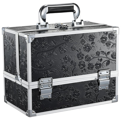 FRENESSA Makeup Train Case Makeup Box 11.8 Inch Large Makeup Case Organizer 3 Trays with Mirror Locking Cosmetic Storage Box for Cosmetics Nail Supplies Sewing Travel Case Black Floral