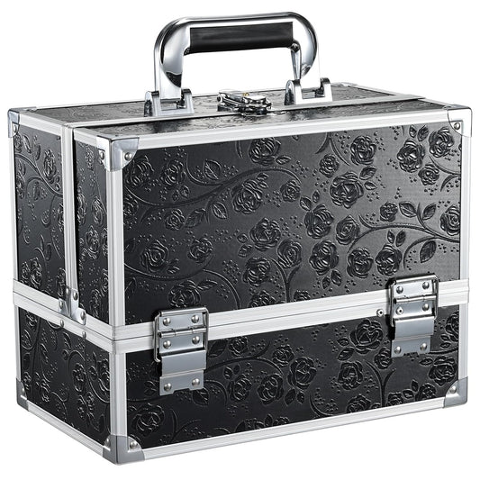 FRENESSA Makeup Train Case Makeup Box 11.8 Inch Large Makeup Case Organizer 3 Trays with Mirror Locking Cosmetic Storage Box for Cosmetics Nail Supplies Sewing Travel Case Black Floral