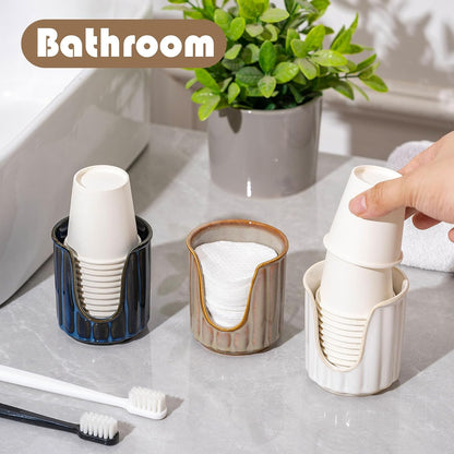 TANEW Ceramic Bathroom Cup Dispenser with Stylish Vertical Stripes - Dixies Cup Dispenser Mouthwash Cup Holder Holds 3oz Paper Cups for Rinsing Cups on Bathroom Vanity Countertops Reactive Glaze Brown