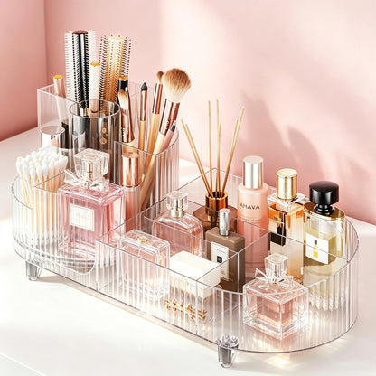 Rotating Makeup Organizer for Vanity with Brush Holder, Cosmetic Makeup Storage Organizer, Large Spinning Makeup Skincare Organizer, Countertop Makeup Perfume Organizer, Lotions Display Case Red