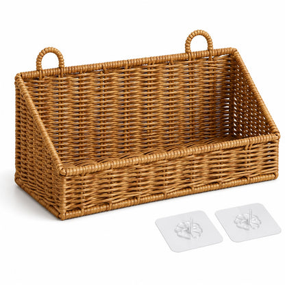 Handwoven Rattan Wall Baskets for Organizing, Rustproof Bathroom Floating Shelves, Farmhouse Plastic Wicker Hanging Basket for Kitchen Counter Vanity Storage (light brown, Small)