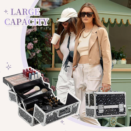 Leeora&Leekoo Makeup Train Case Cosmetic Box Portable Makeup Case Organizer 2 Trays Makeup Storage for Cosmetologist Aesthetic Supplies Nail Tech Traveling Makeup Box (Flashing Star)