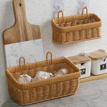Wall Mounted Woven Rattan Storage Basket,Kitchen Food Container & Wall Hanging,Kitchen Vegetables And Spices Storing Basket,Space Saving Accessory For Garden & Living Room