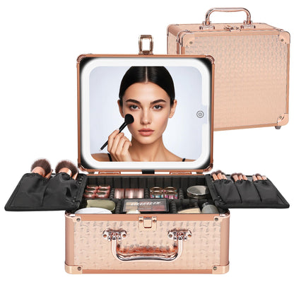 Relavel Makeup Bag with LED Mirror, Makeup Box Travel Train Case with Rechargeable Lighted Mirror & Adjustable Dividers, Cosmetic Brush Organizer Storage for Makeup Artists Gifts for Women and Girls