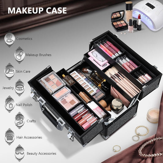 Stagiant 12.6 Inch Large Makeup Train Case, Professional 4 Trays Cosmetic Cases Makeup Storage Organizer Box Beauty Make Up Box with Lock&Adjustable Compartments for Nail, Accessories, Skincare, Black