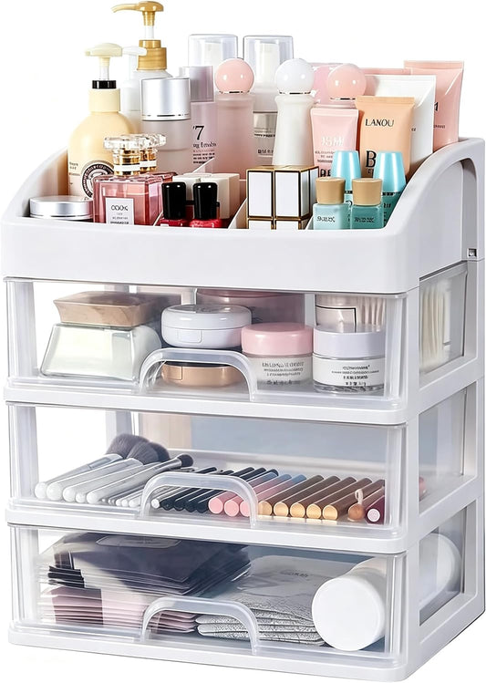Makeup Organizer with 3 Drawers Plastic Storage for Vanity Cosmetic Display Cases Large Capacity Bathroom Countertop Plastic Storage for Skin Care Products(Arc Type)