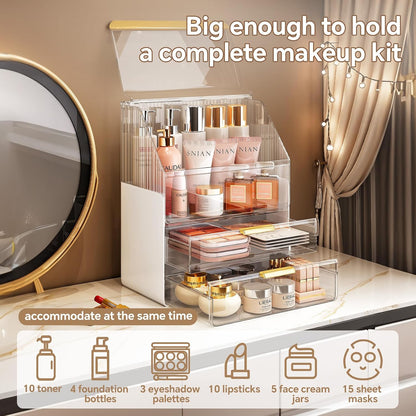 Makeup Organizer Countertop with Lid, Skincare Organizers for Vanity, 3 Tiers Clear Makeup Storage Cosmetic Display Cases Holder for Bedroom Bathroom Dresser Desk Countertop