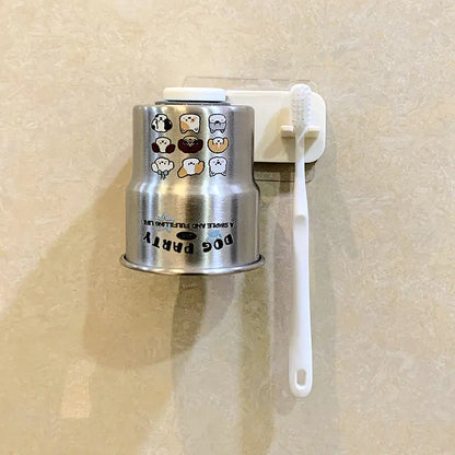 Wall Mounted Magnetic Toothbrush Cup Holder, Stainless Steel Bathroom Organizer with Reversible Rinse Cup, Drill-Free Toothbrush Rack