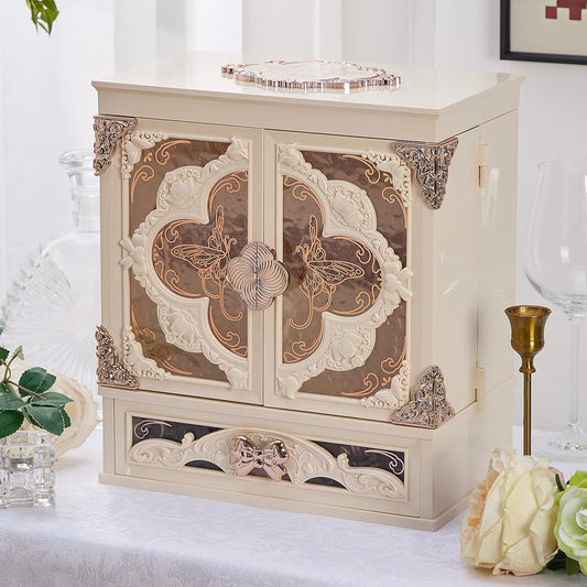 Makeup Organizer with Lighted Mirror Vintage Cosmetic Storage Cabine White