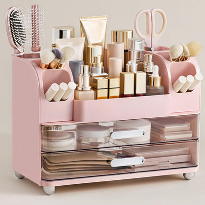 HBlife Makeup Organizer for Vanity with Brush Holder, Large Bathroom Countertop Cosmetic Organizer Skin Care Storage, Easy to Store Lipsticks, Nail Polishes, Perfumes, Eyeshadow Palettes, Beige