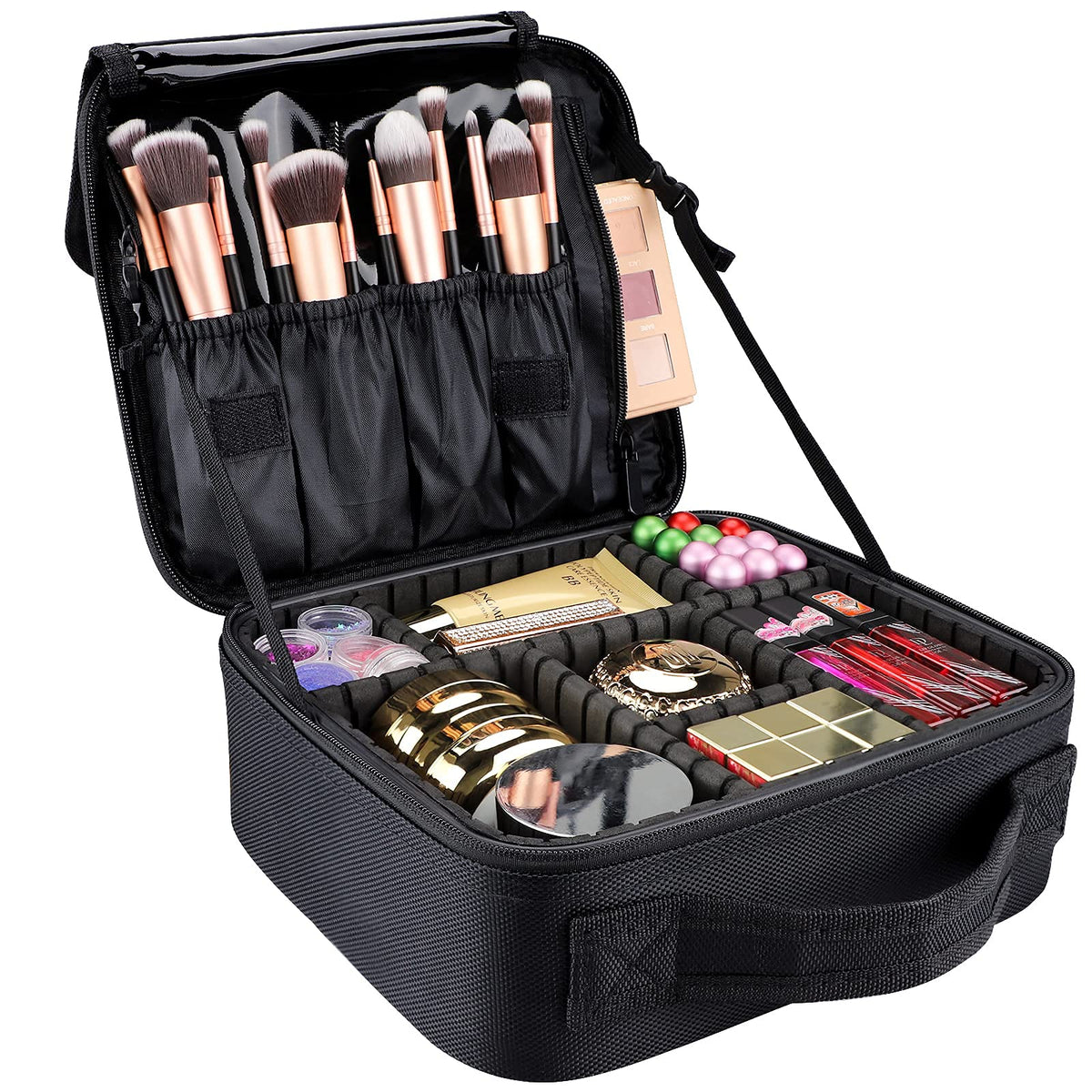 gzcz Large Capacity Travel Makeup Train Case,Professional Cosmetic Bags for Women,Portable Makeup Brush Bag Organizer Storage with Adjustable Dividers and Shoulder Strap