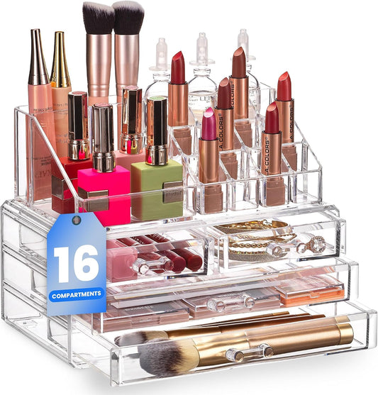 Masirs Clear Makeup Organizer with 4 Drawers 16 Compartments, Countertop