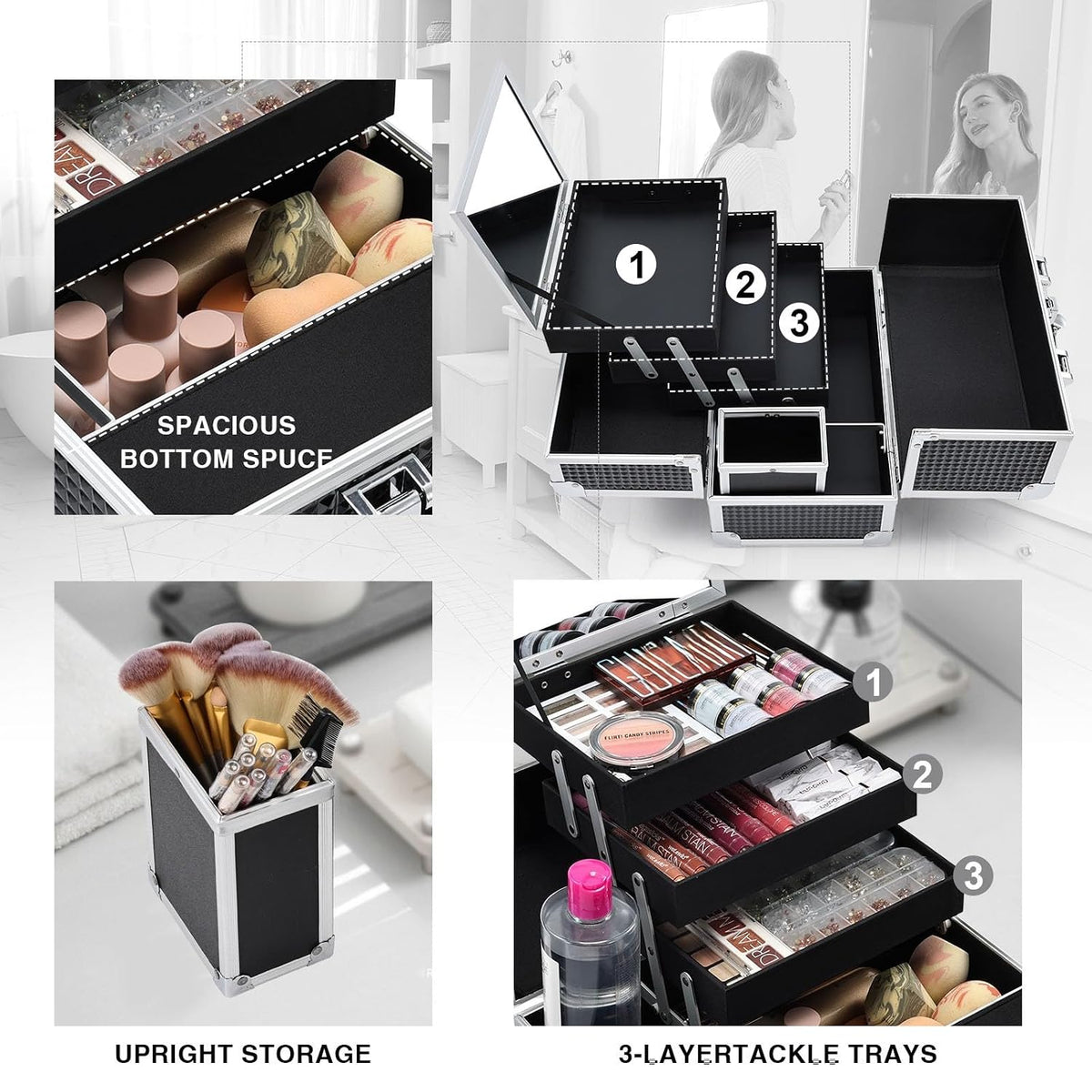 Joligrace 3-Tray Makeup Case with Mirror & Brush Holder, 11.6" Shine Black
