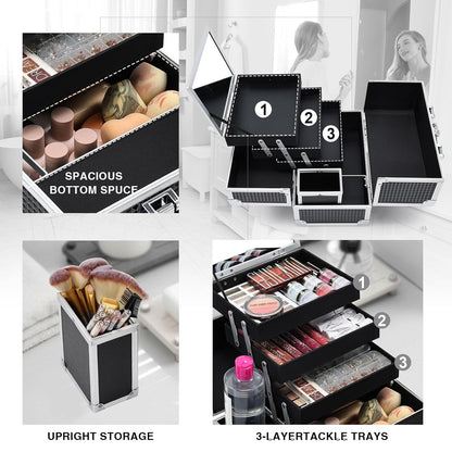 Joligrace 3-Tray Makeup Case with Mirror & Brush Holder, 11.6" Shine Black