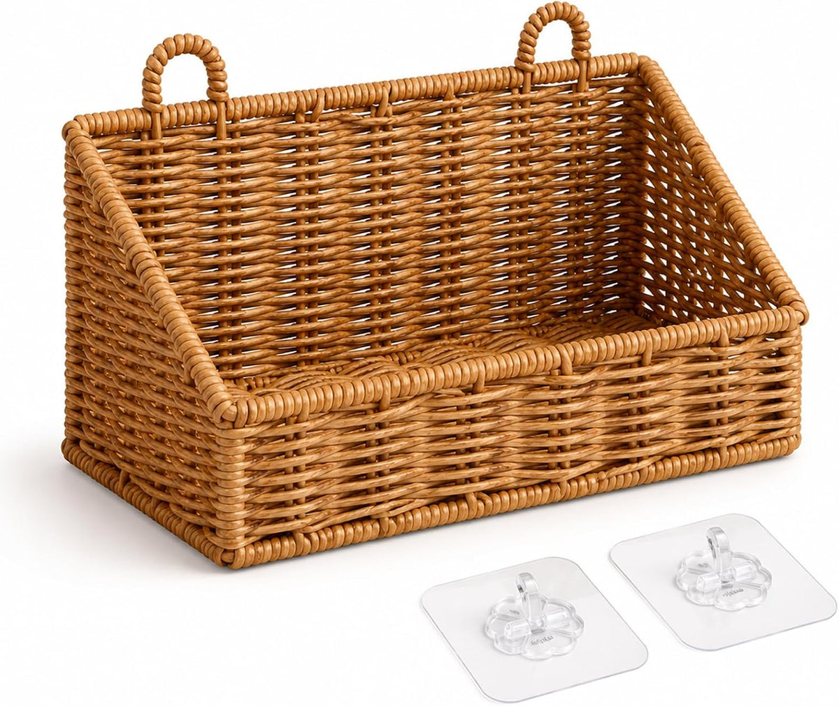 Handwoven Rattan Wall Baskets for Organizing, Rustproof Bathroom Floating Shelves, Farmhouse Plastic Wicker Hanging Basket for Kitchen Counter Vanity Storage (light brown, Small)