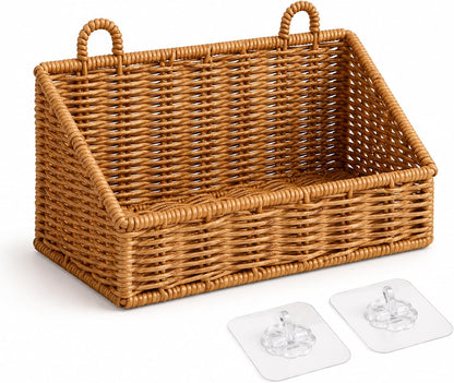 Handwoven Rattan Wall Baskets for Organizing, Rustproof Bathroom Floating Shelves, Farmhouse Plastic Wicker Hanging Basket for Kitchen Counter Vanity Storage (light brown, Small)