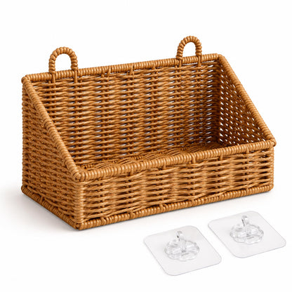 Handwoven Rattan Wall Baskets for Organizing, Rustproof Bathroom Floating Shelves, Farmhouse Plastic Wicker Hanging Basket for Kitchen Counter Vanity Storage (light brown, Small)