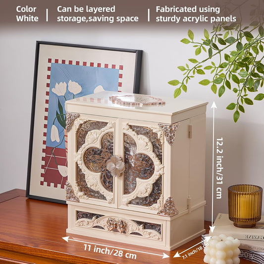 Makeup Organizer with Lighted Mirror Vintage Cosmetic Storage Cabine White