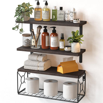 Amada Bathroom Shelves with Storage Basket, Set of 3, Natural Wood
