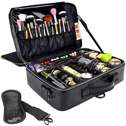 gzcz Large Capacity Travel Makeup Train Case,Professional Cosmetic Bags for Women,Portable Makeup Brush Bag Organizer Storage with Adjustable Dividers and Shoulder Strap
