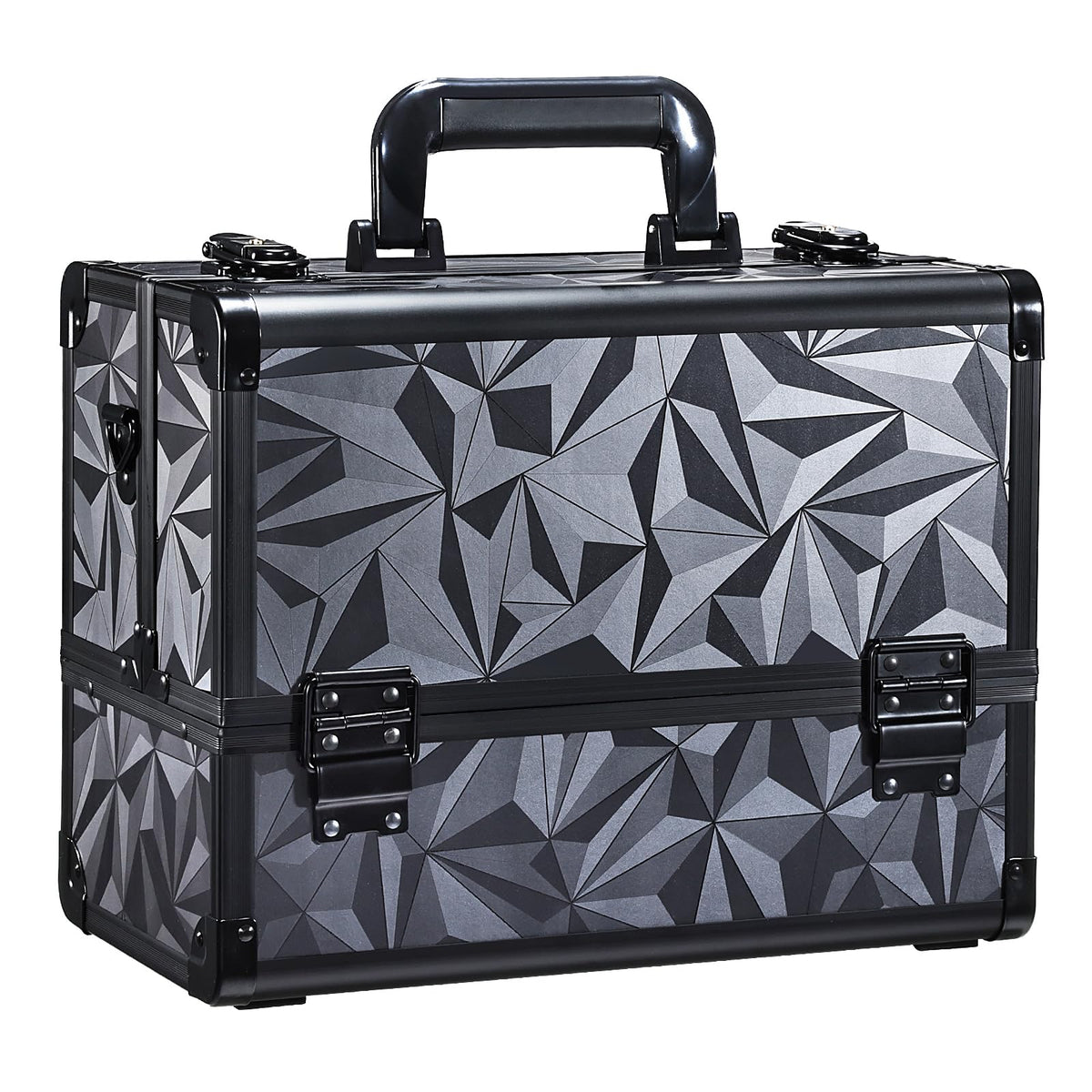 FRENESSA Makeup Train Case Makeup Case 12.6 Inch Large Cosmetic Box Organizer Travel Storage Professional Make Up Train Carrying Case with 6 Trays Locking Shoulder Strap Hard Vanity Storage Black