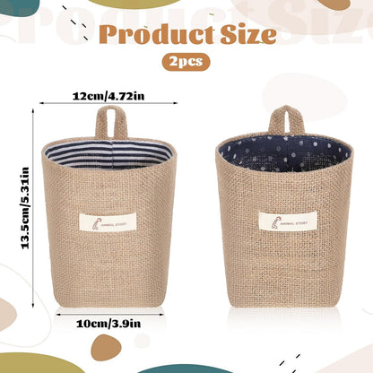 2 Pack Hanging Basket for Door Jute Hanging Wall Storage Baskets, Small Linen Wall Organizer for Keys, Wallets, Plants, Boho Decor with Hooks