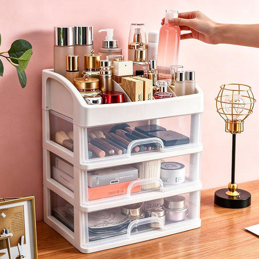 Makeup Organizer with 3 Drawers Plastic Storage for Vanity Cosmetic Display Cases Large Capacity Bathroom Countertop Plastic Storage for Skin Care Products(Arc Type)