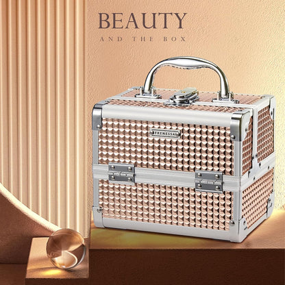FRENESSA Makeup Case Train Case Portable Makeup Box with Mirror Lock Box Travel Cosmetic Train Cases Hard Makeup Organizer for Nail Craft Storage Vanity for Girl Rose Gold