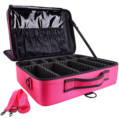 gzcz Large Capacity Travel Makeup Train Case,Professional Cosmetic Bags for Women,Portable Makeup Brush Bag Organizer Storage with Adjustable Dividers and Shoulder Strap