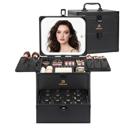 Relavel Makeup Bag with LED Mirror, Makeup Box Travel Train Case with Rechargeable Lighted Mirror & Adjustable Dividers, Cosmetic Brush Organizer Storage for Makeup Artists Gifts for Women and Girls