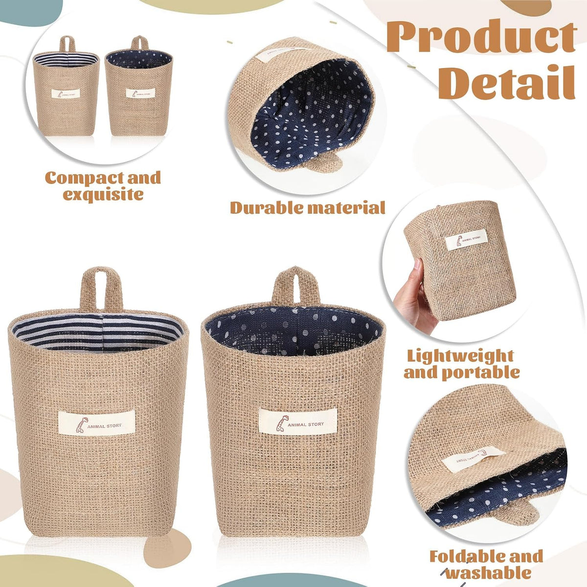 2 Pack Hanging Basket for Door Jute Hanging Wall Storage Baskets, Small Linen Wall Organizer for Keys, Wallets, Plants, Boho Decor with Hooks
