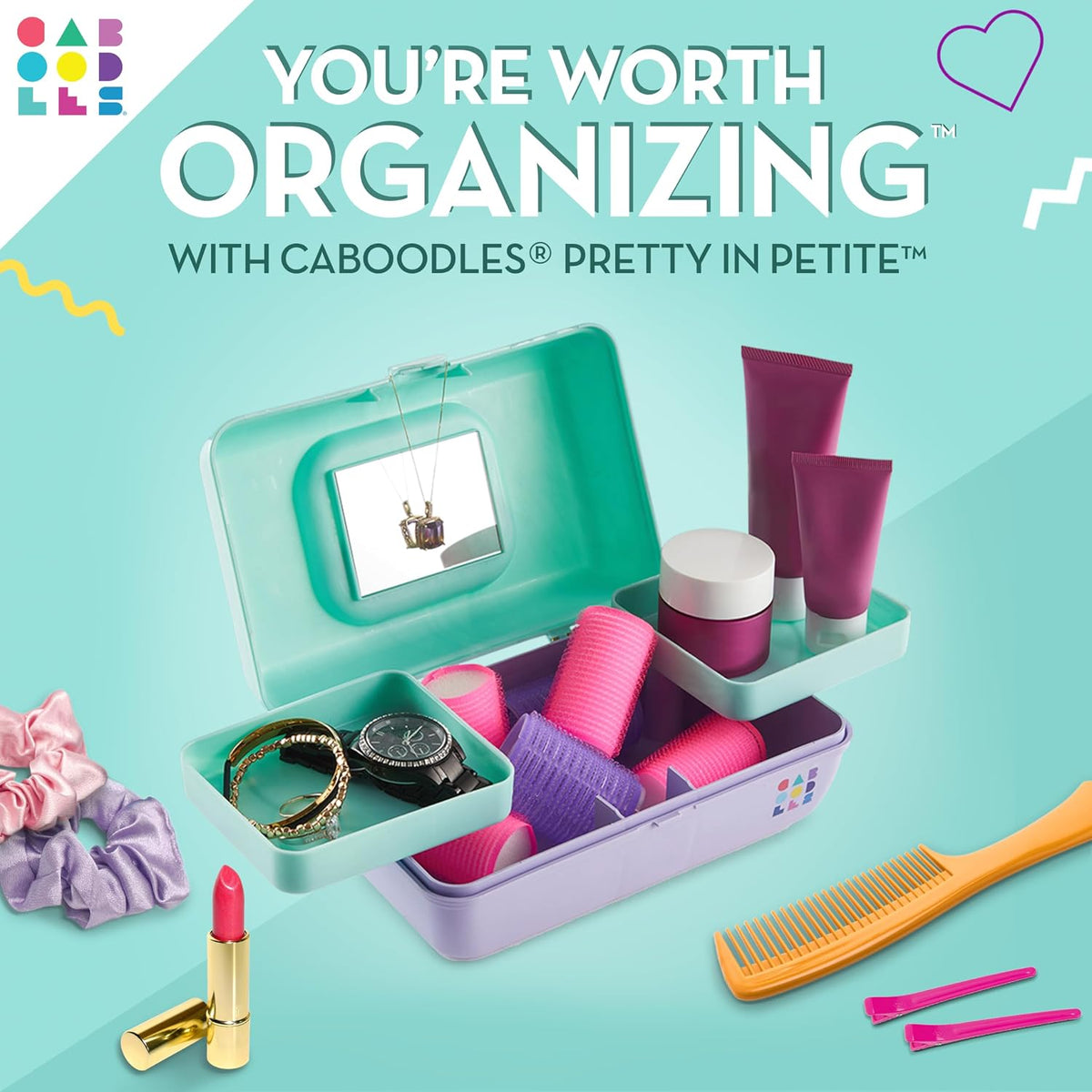 Caboodles Pretty in Petite Makeup Box, Two-Tone Seafoam on Lavender, Hard Plastic Organizer Box, 2 Swivel Trays, Fashion Mirror, Secure Latch for Safe Travel