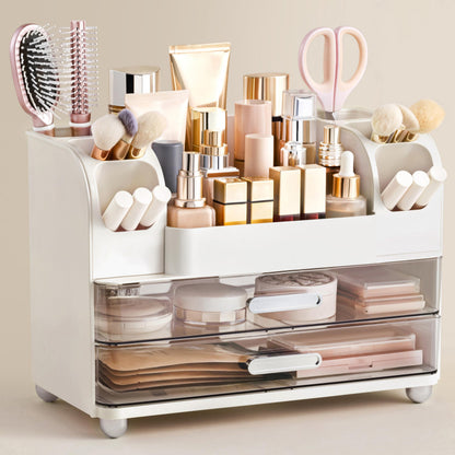 HBlife Makeup Organizer for Vanity with Brush Holder, Large Bathroom Countertop Cosmetic Organizer Skin Care Storage, Easy to Store Lipsticks, Nail Polishes, Perfumes, Eyeshadow Palettes, Beige